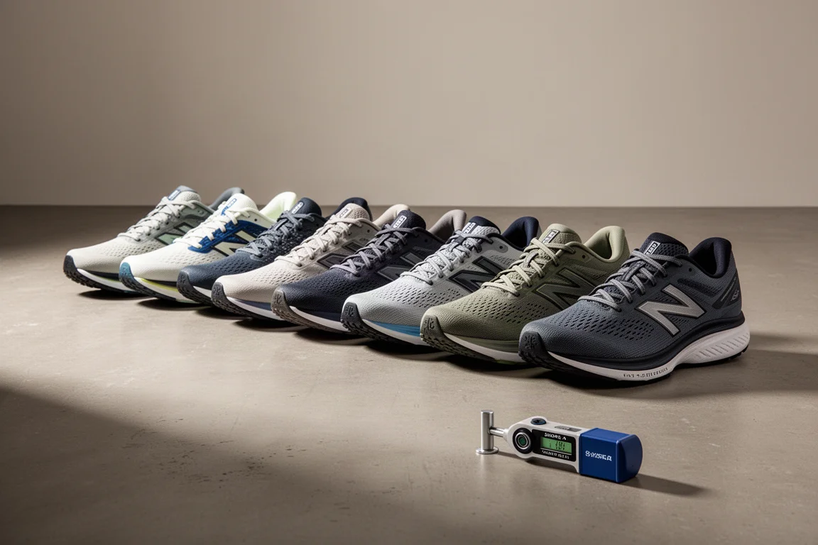 Nine running shoes lined up on concrete with a durometer tester in the foreground