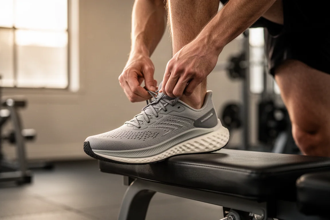 Corredor atándose los cordones de una zapatilla de running con suela alta antes de una sesión de entrenamiento