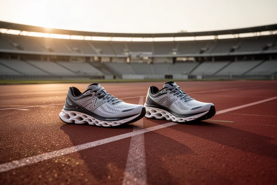 Zapatillas de running alineadas en un carril de pista al amanecer