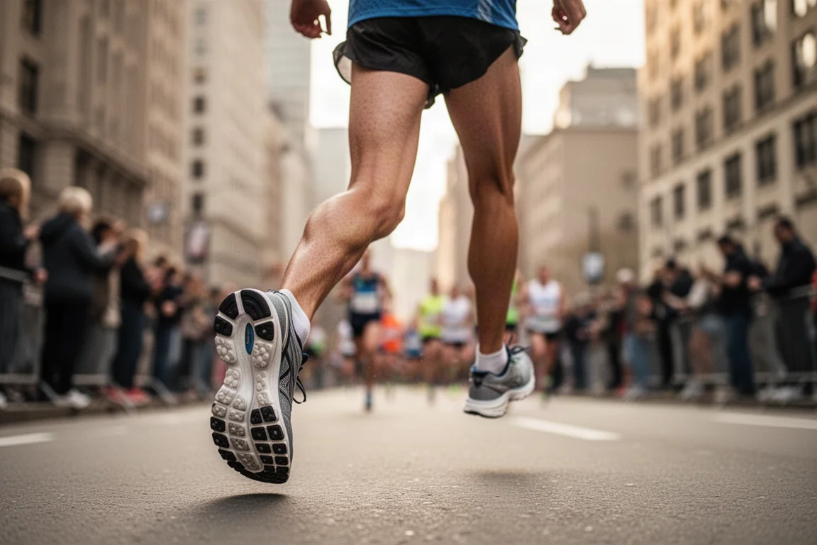 Corredores en plena zancada durante un maratón en una calle urbana
