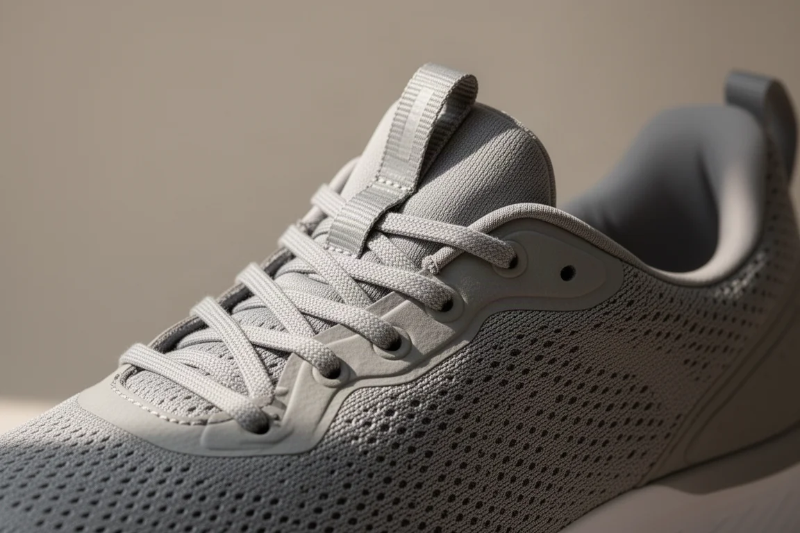 Nahaufnahme eines weiten Schnür Schafts an einem Laufschuh mit normalen Ösen und gepolsterter Zunge
