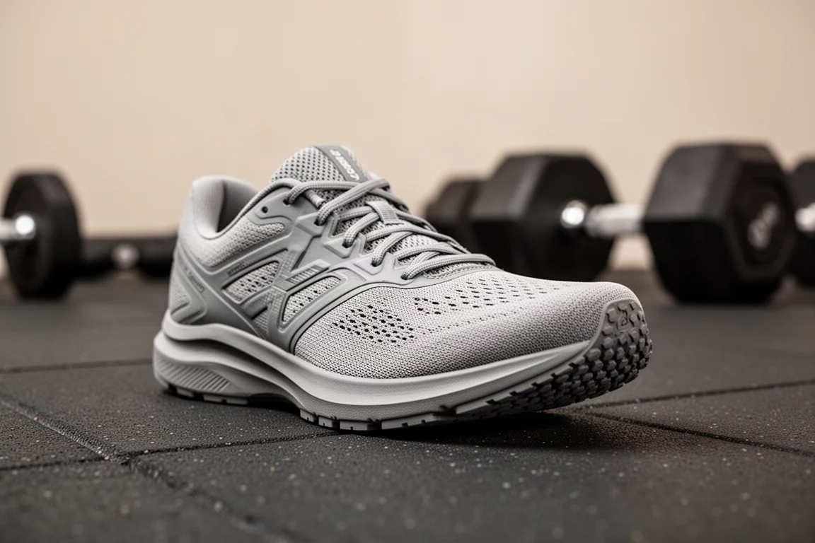 Alltagstrainer mit dichtem Gummiaußensohlenbelag auf dem Boden eines Fitnessstudios