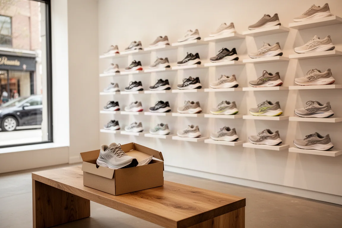 Schuhladenwand mit Reihen von ausgestellten Laufschuhen
