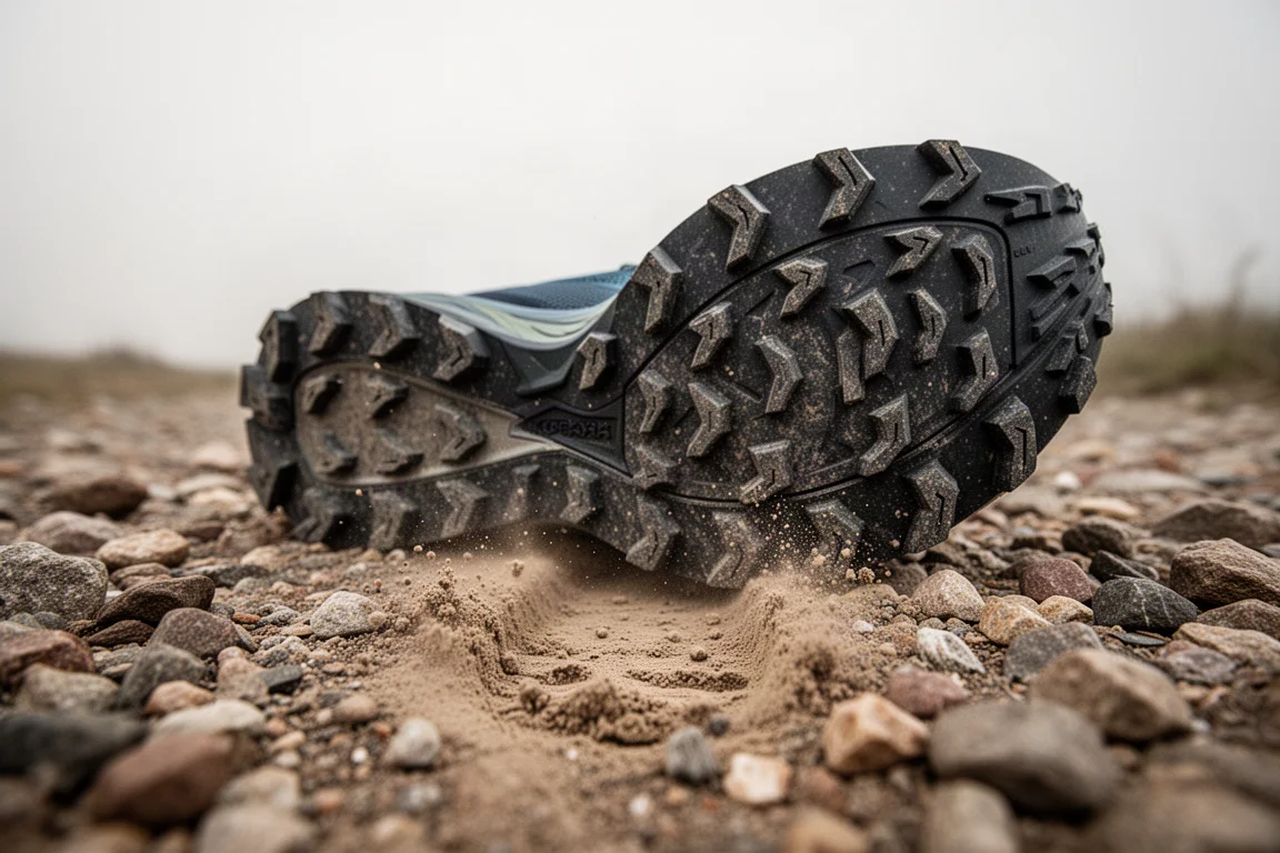 Buitenzool van een trailschoen met diepe noppen die grip zoeken op rotsachtig terrein