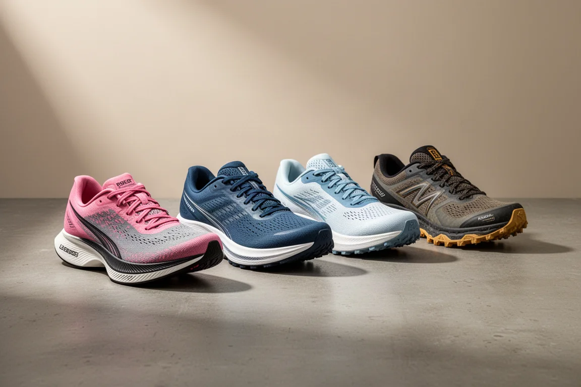 Four running shoes including a racer, two trainers and a trail shoe on concrete