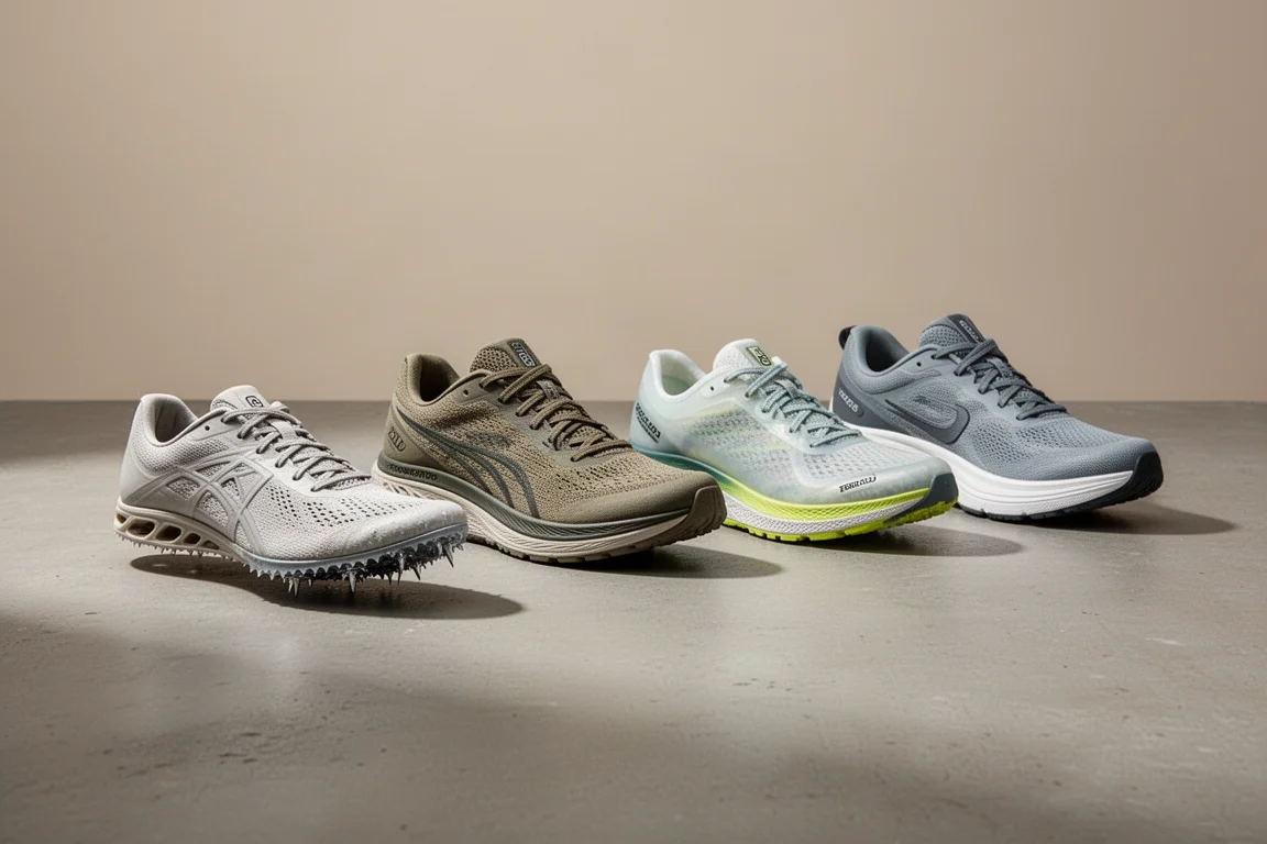 Four running shoes including a track spike and three trainers arranged on concrete