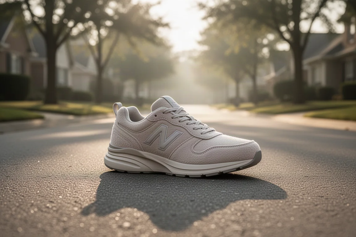 Tênis de corrida de estabilidade acolchoado em um calçadão residencial tranquilo pela manhã