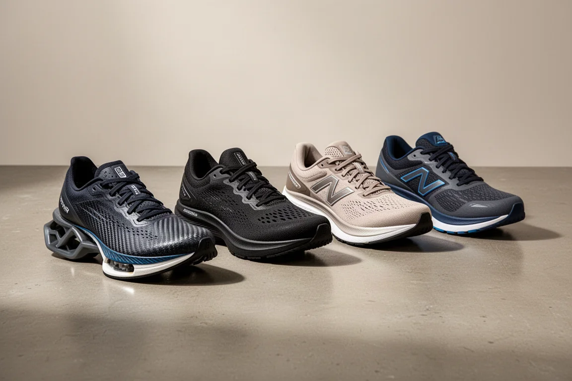 Four different running shoes arranged in a row on a concrete studio floor