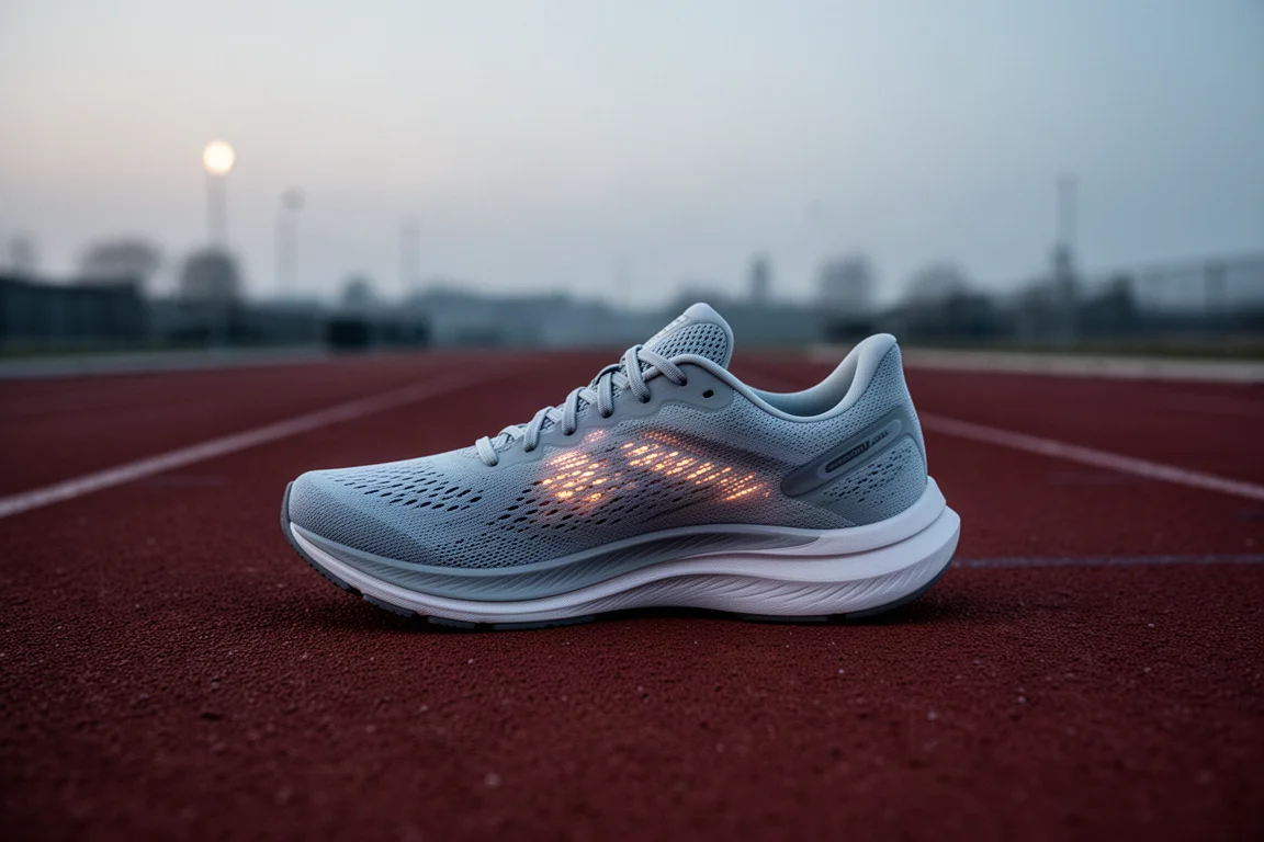Scarpa da running leggera sulla pista al tramonto