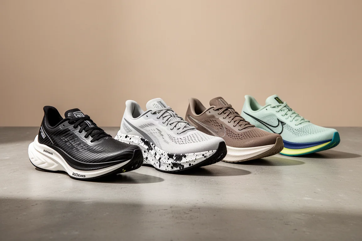 Four running shoes arranged in a row on a concrete surface