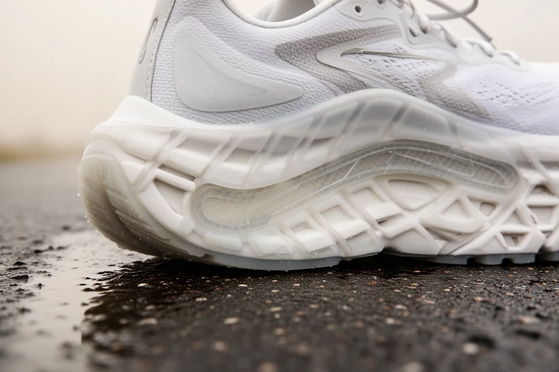 Close-up van een carbon-plated hardloopschoen midsole op een nat wegdek