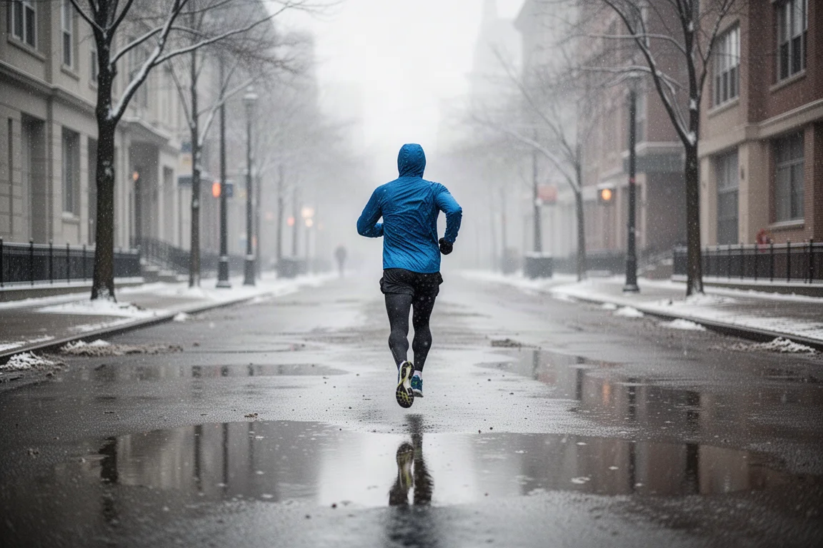 Hardloper die op een regenachtige winterstraat vertrekt met reflecties op nat asfalt