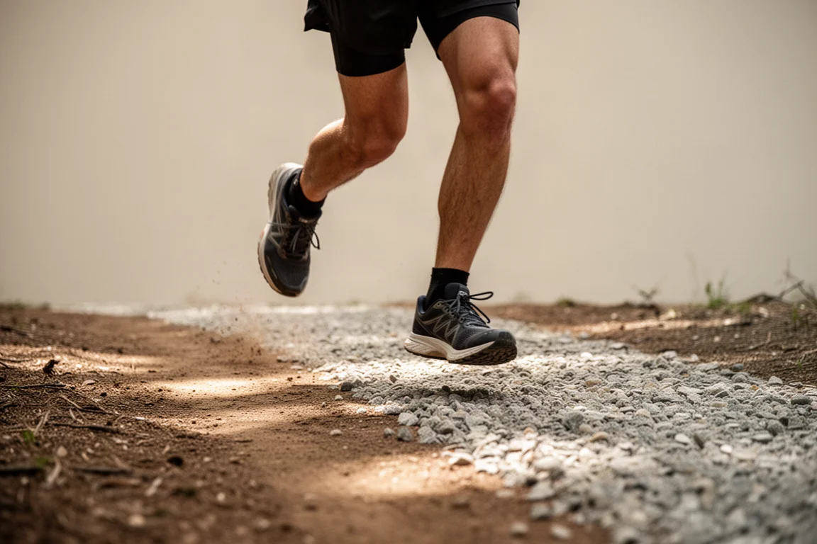 Trailrunner die een gemengd pad van grind en aarde oversteekt in zacht daglicht