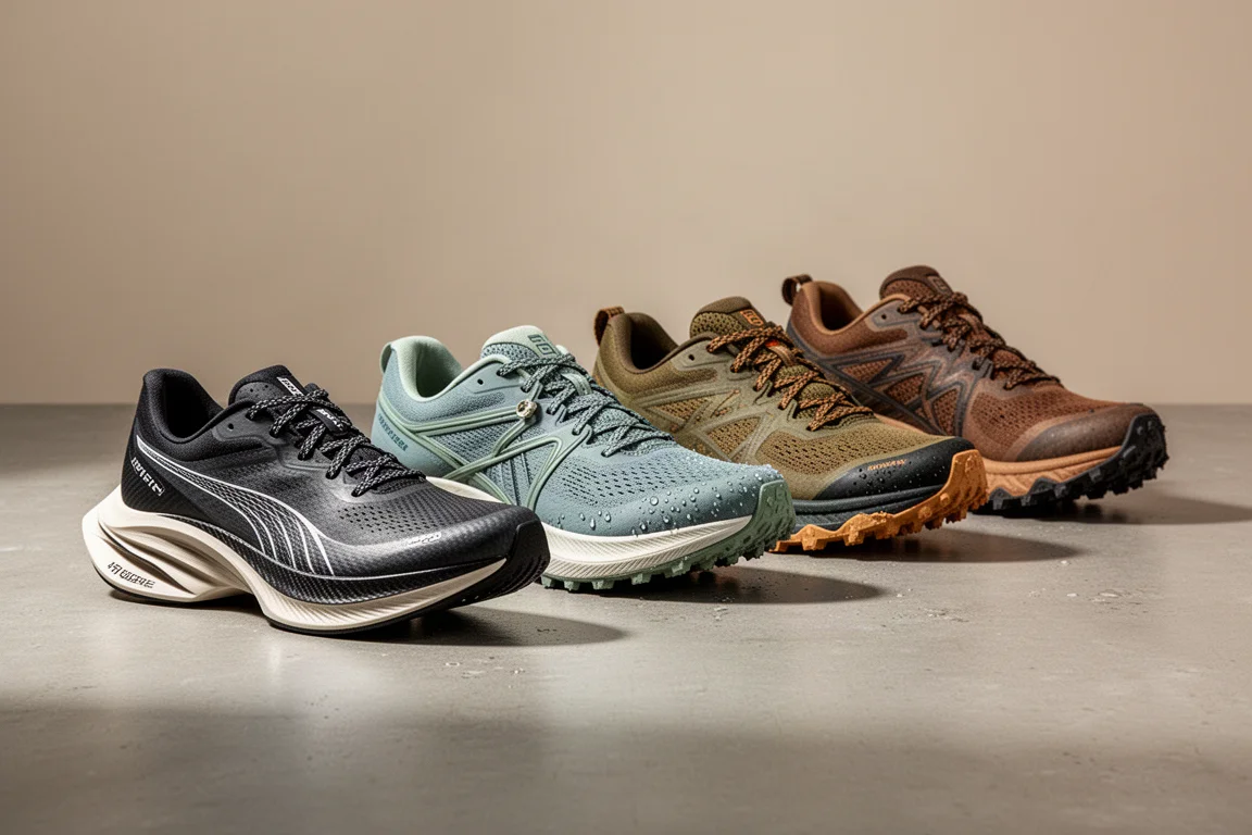 Five running shoes including road racers and lugged trail shoes arranged on a concrete surface