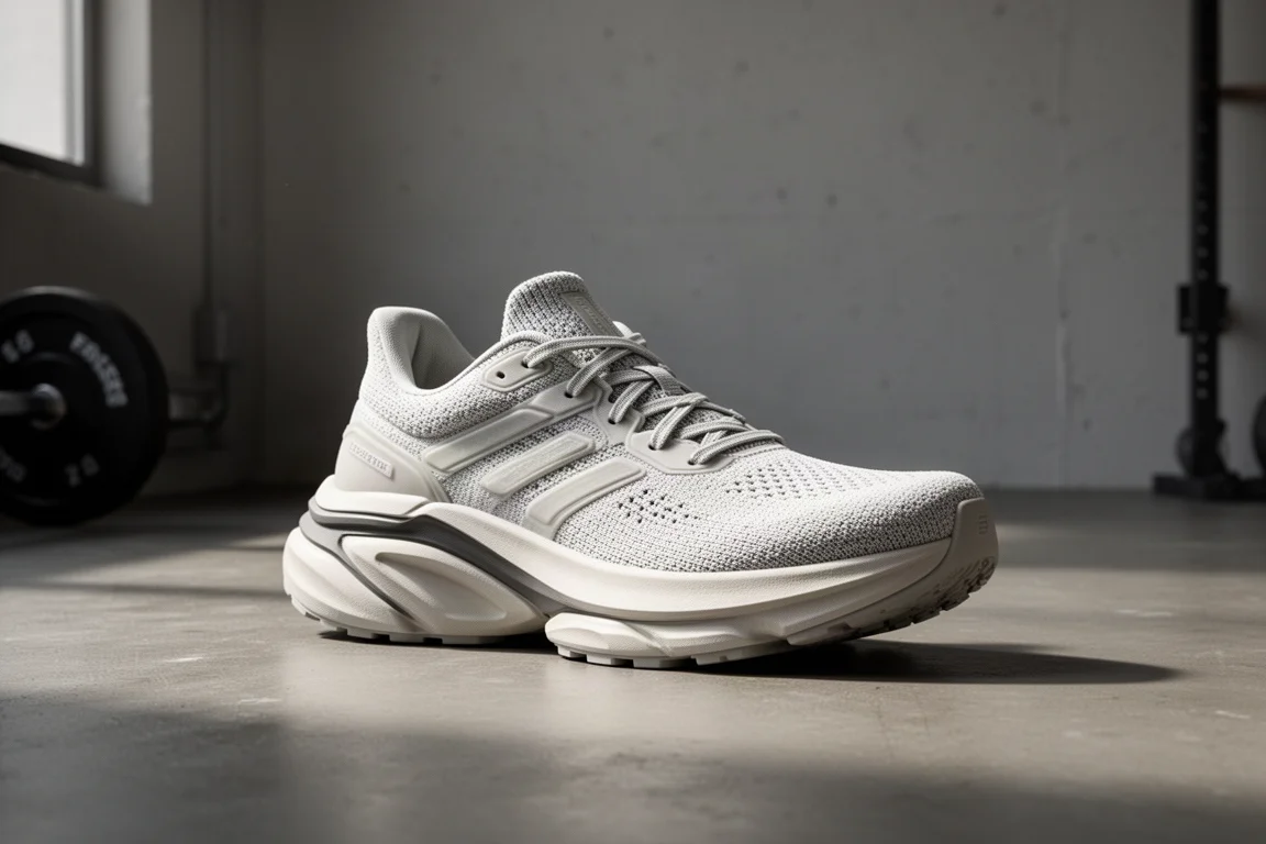 Chunky structured road running shoe with a plush upper on a concrete floor