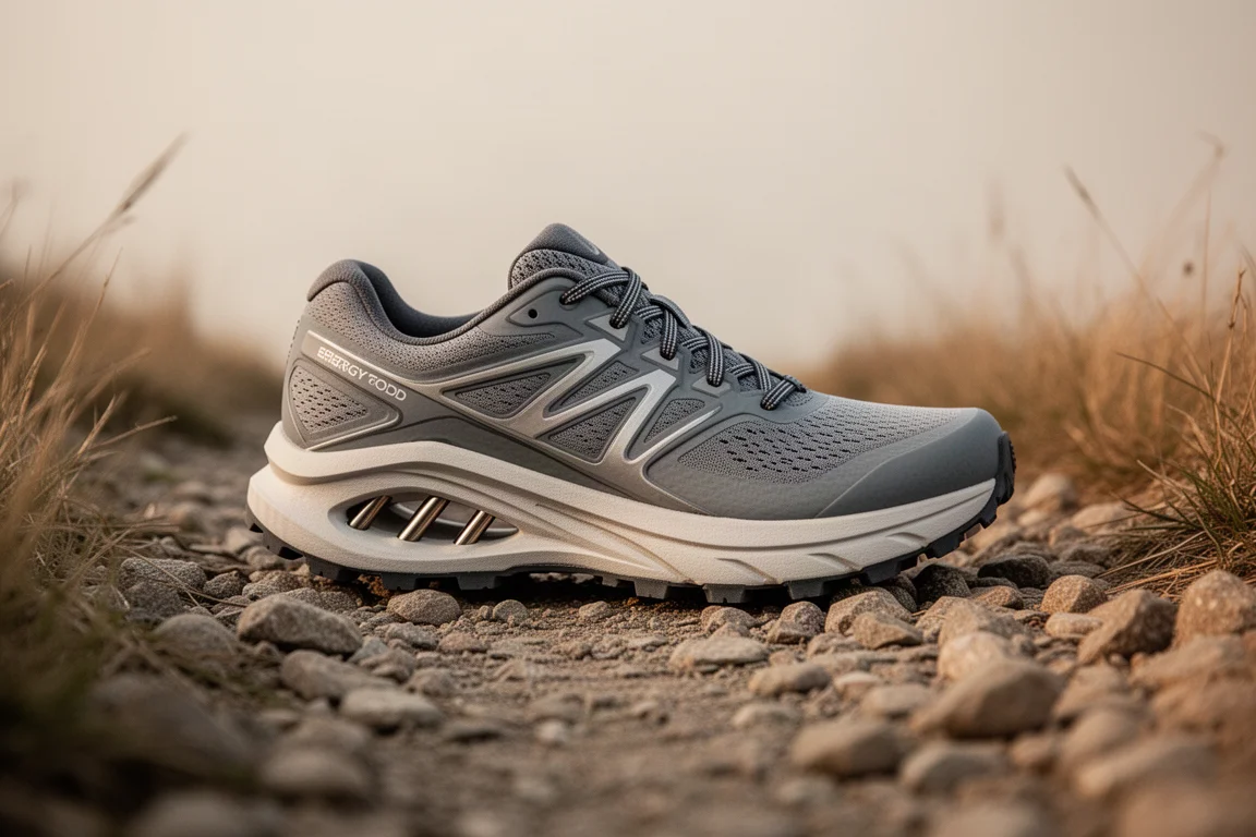 High-stack trail running shoe with lugged outsole on rocky trail terrain