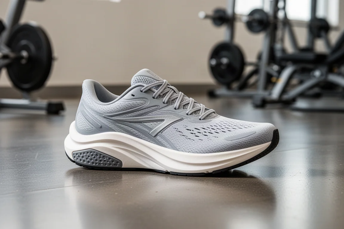 Indoor fitness racing shoe with added rubber outsole on polished gym floor