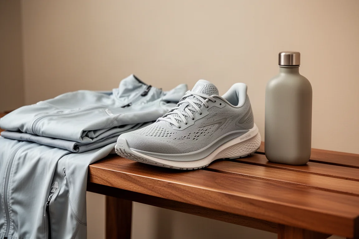 Lightweight plateless trainer beside a runners gear laid out on a bench