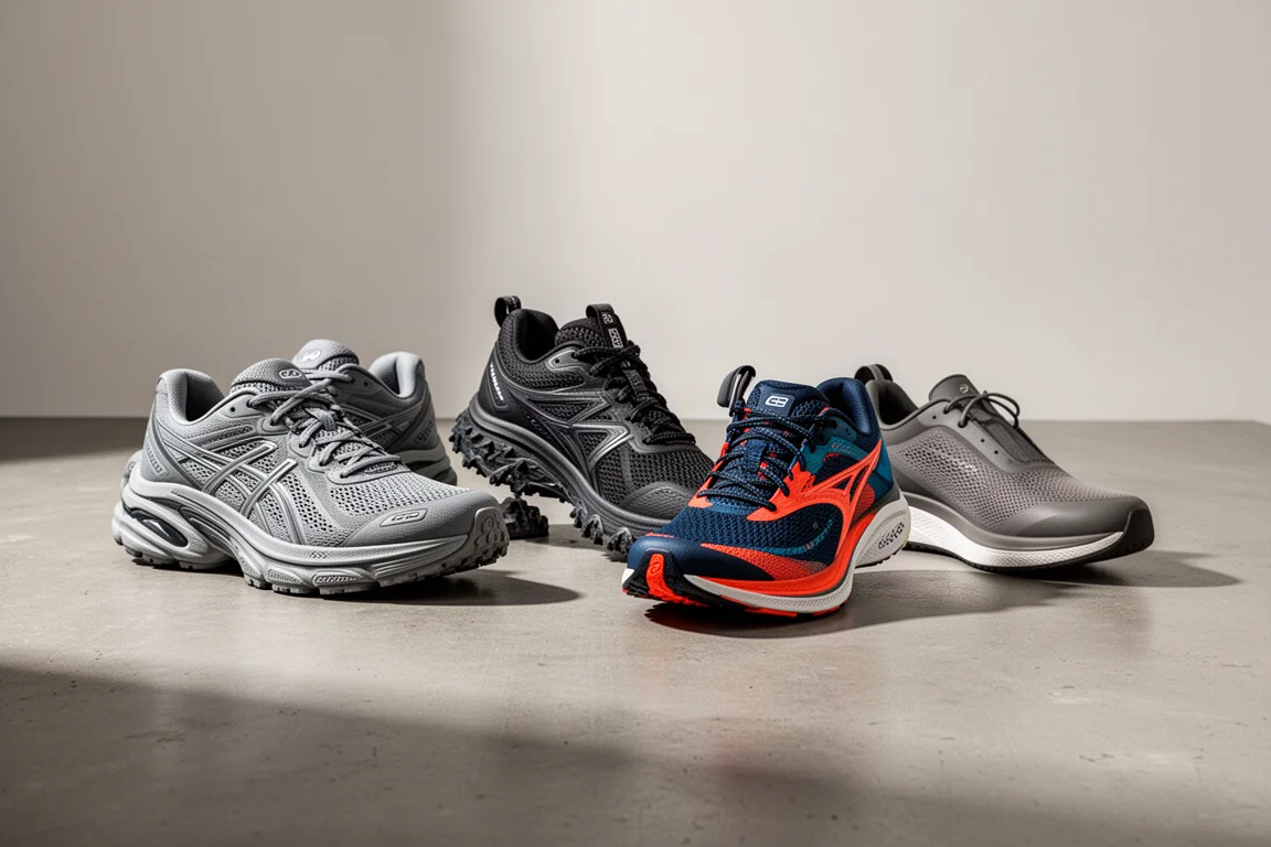 Four different running shoes arranged in a row on a concrete studio surface