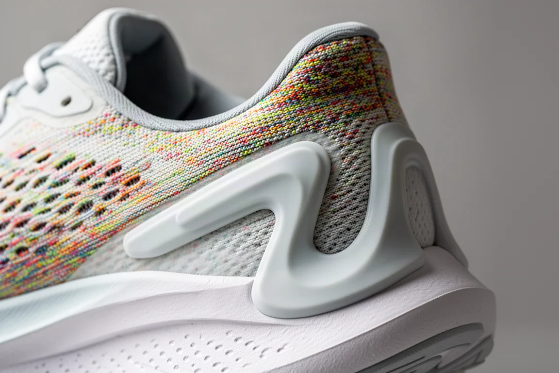 Close-up of a sculpted heel protrusion on a modern running shoe