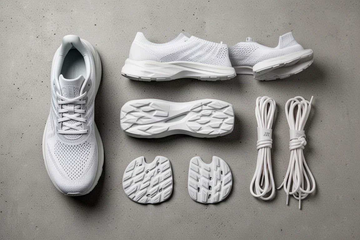 Stacked recycled shoe components arranged on a concrete surface