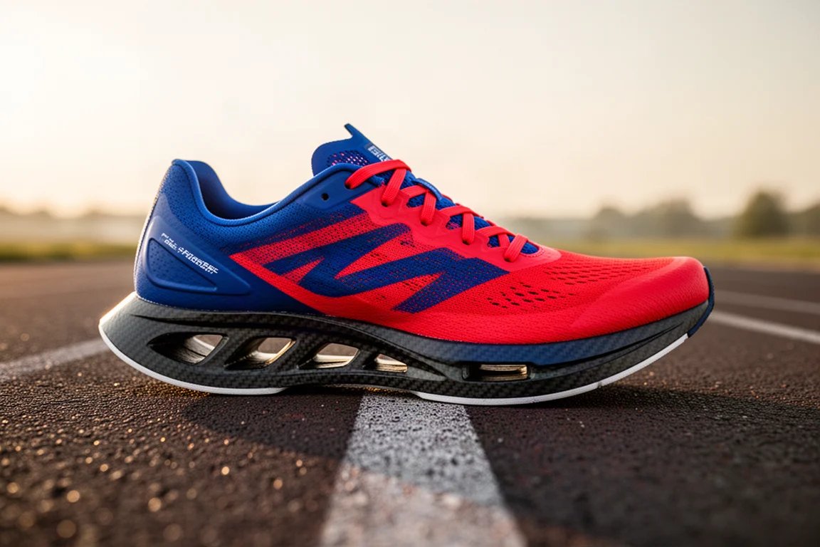 Red and cobalt race shoe photographed on a dark track surface