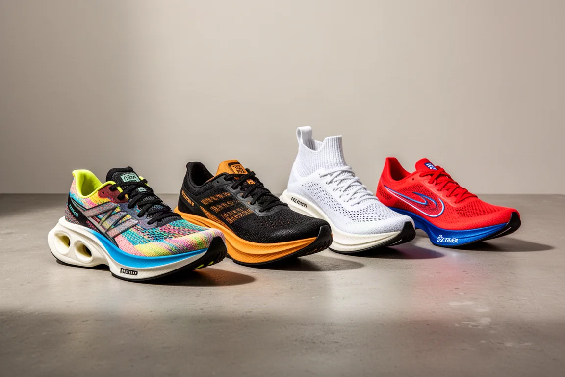 Four running shoes lined up on a concrete studio surface