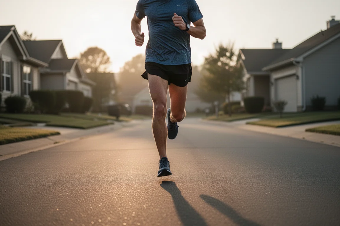 Coureur effectuant une séance tempo sur des routes de banlieue désertes à l'aube