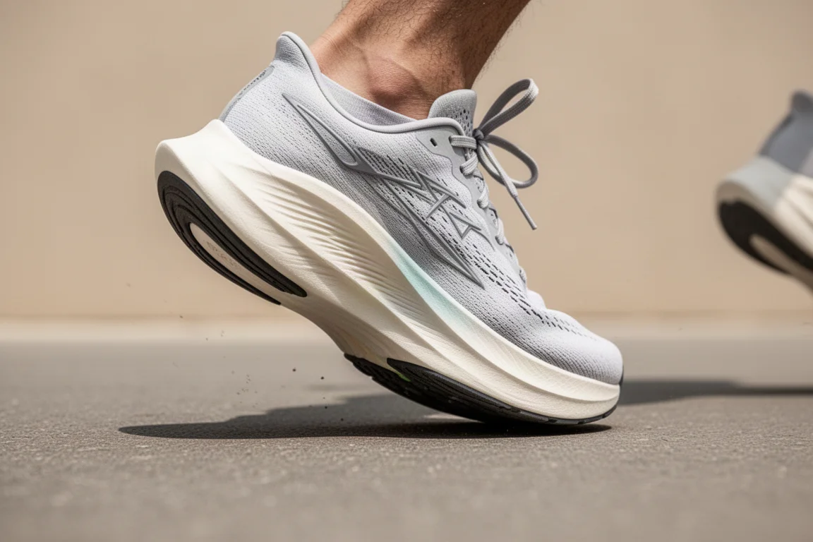 Gros plan sur une semelle intermédiaire souple et réactive d'une chaussure de running qui se comprime sur le bitume