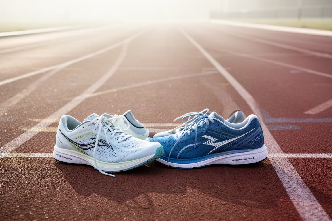 Chaussures de course alignées au bord d'une piste par un matin de course lumineux