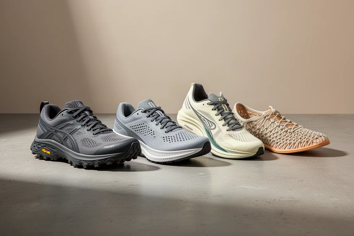 Four running shoes including a trail shoe, tempo trainer, plated racer and racing flat lined up on concrete