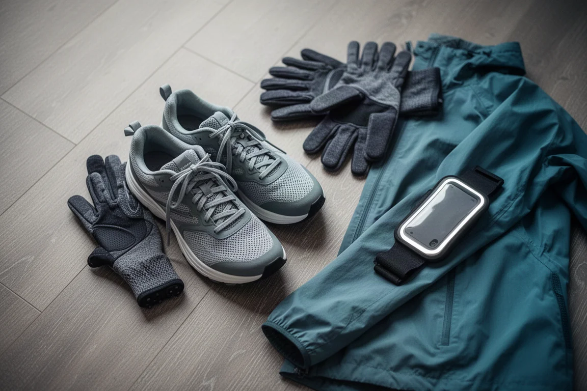 Laufschuhe und Winterlaujausrüstung auf einem Holzboden ausgebreitet