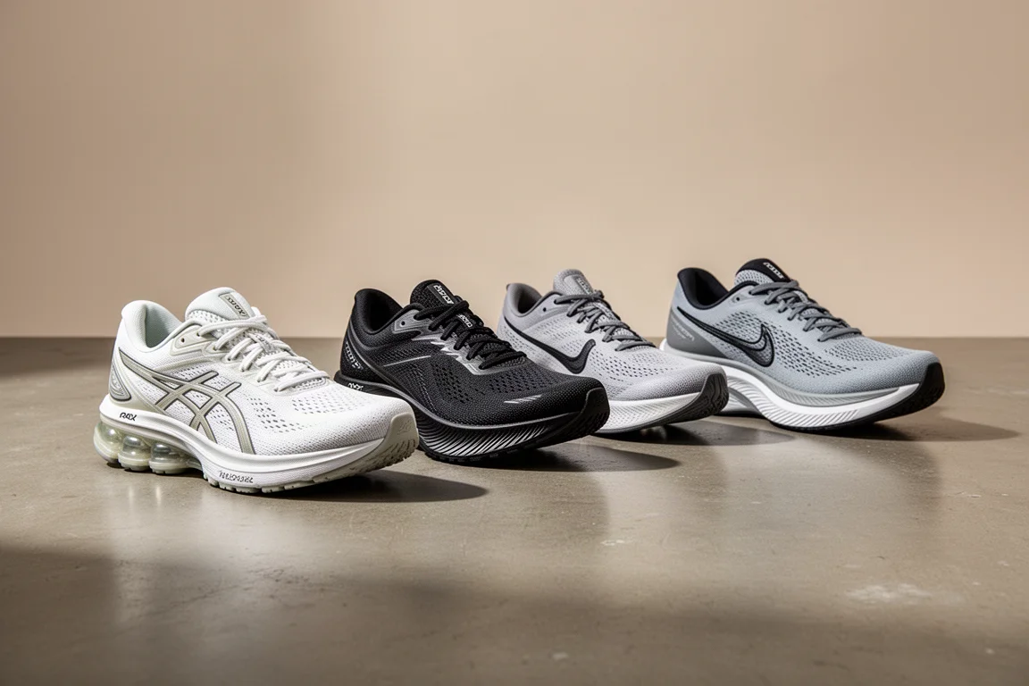 Four running shoes lined up on a concrete studio floor