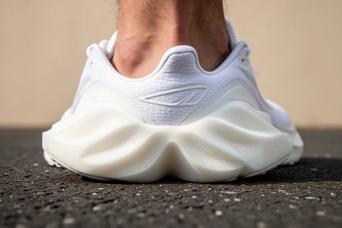 Plush cushioned running shoe midsole compressing against the ground