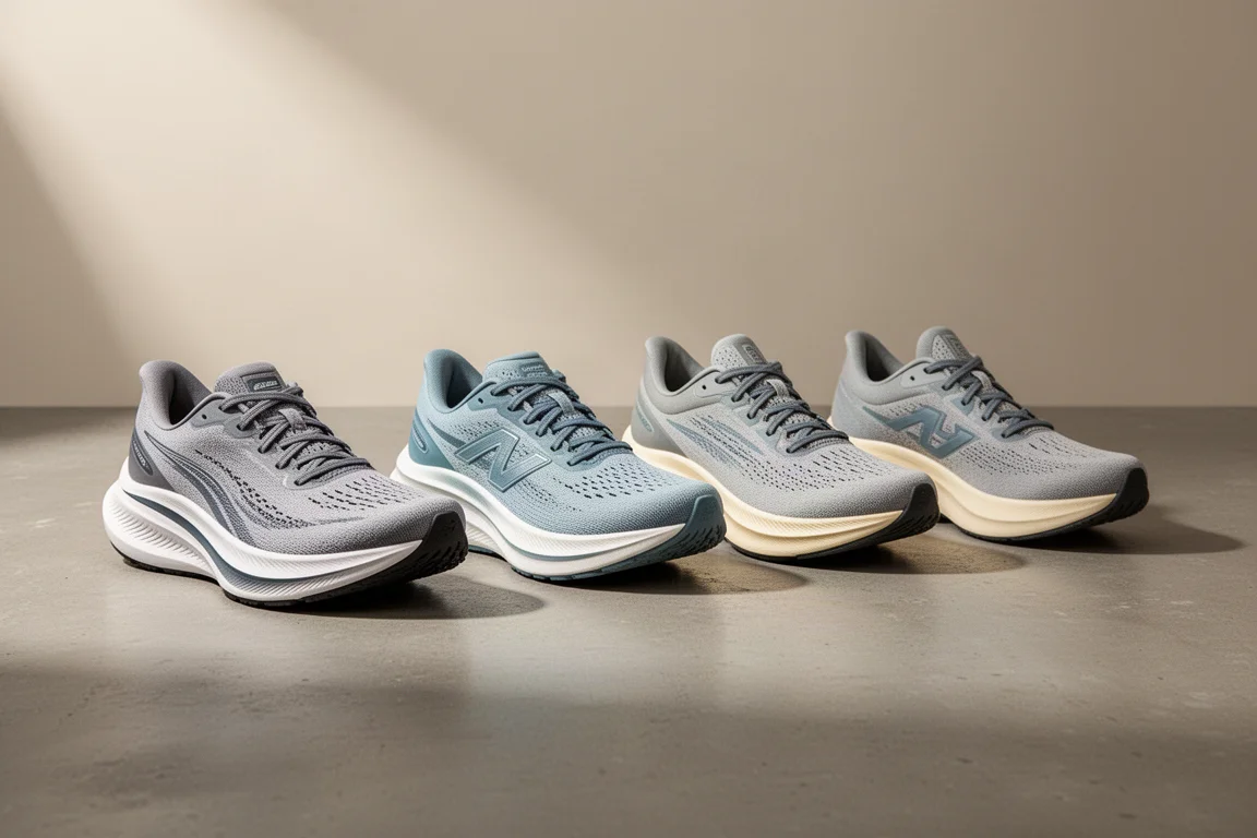 Four road running shoes arranged in a row on a concrete surface