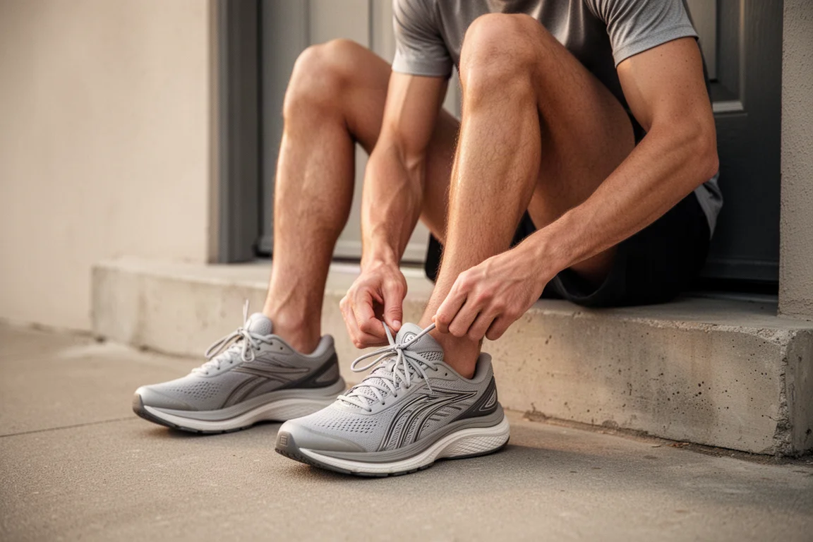 Coureur attachant ses chaussures d'entraînement amorties sur un seuil de porte à l'aube