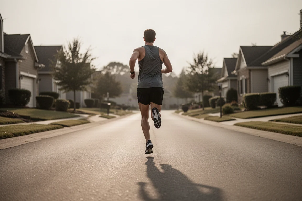 Coureur sur une route de banlieue tranquille dans une douce lumière de fin d'après-midi