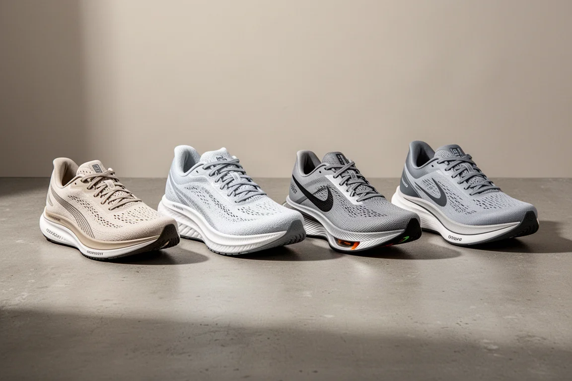 Four road running shoes arranged on a matte concrete surface