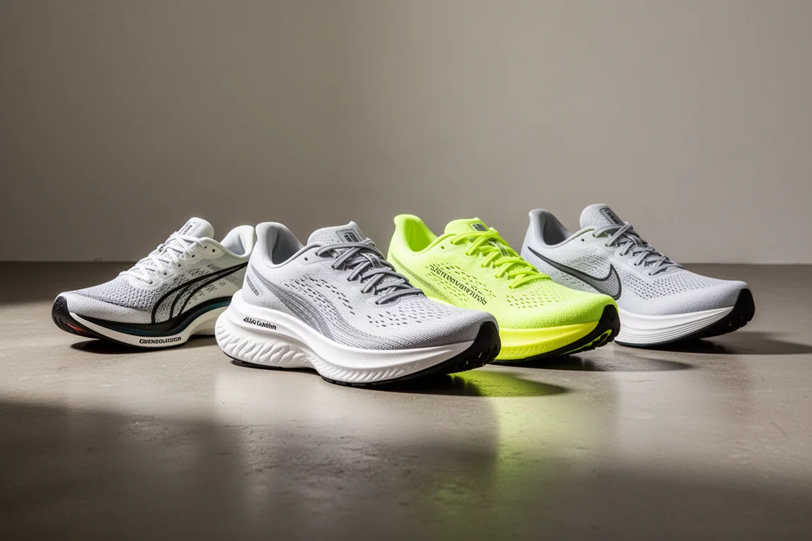 Five running shoes arranged in a row on a concrete floor