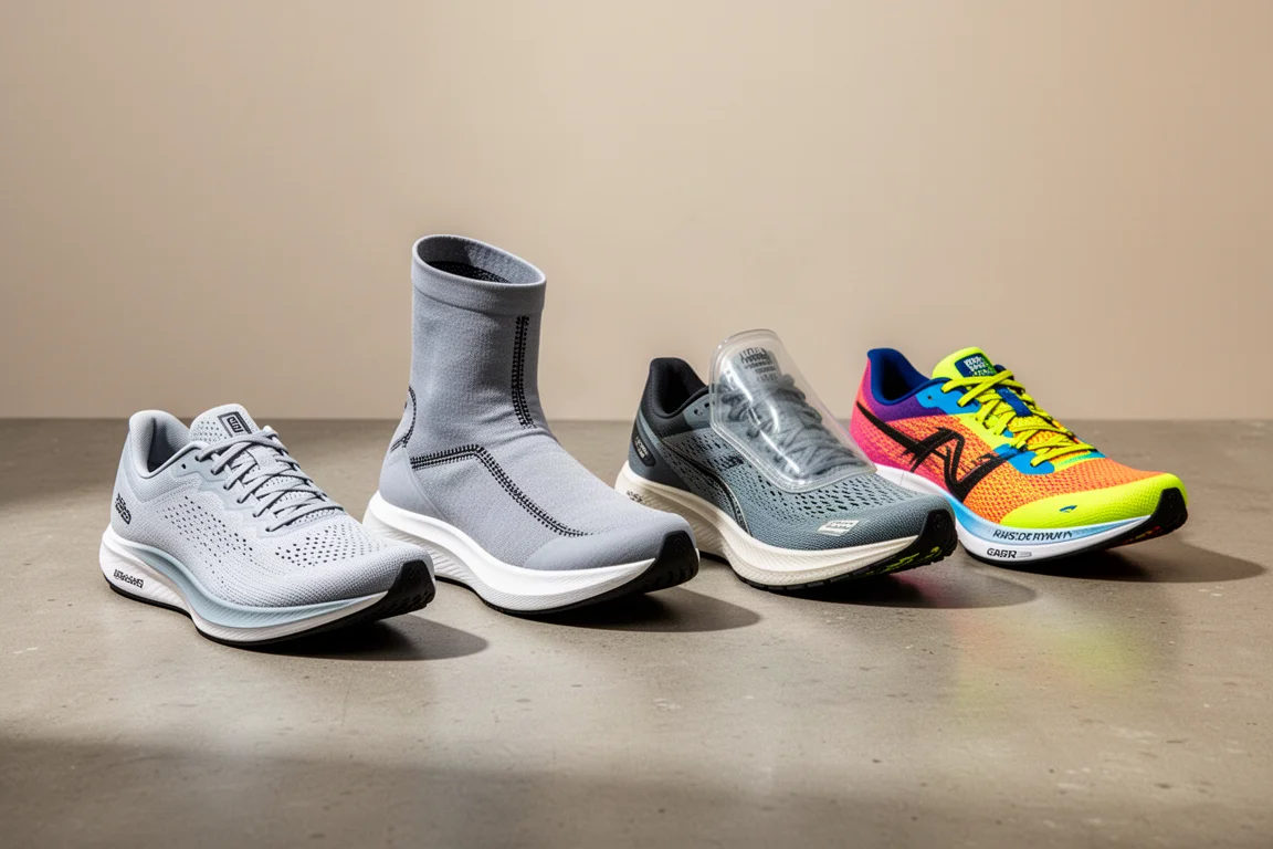 Four running shoes lined up on a concrete surface: racing shoes, a recovery boot, and a weatherized trainer