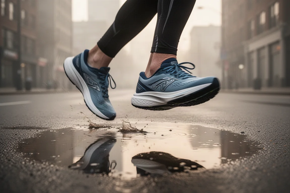 Road runner's feet striking wet tarmac in a cushioned daily trainer at dawn
