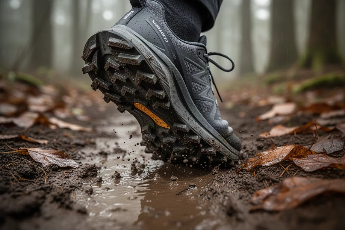 Trail shoe outsole gripping a wet muddy forest path