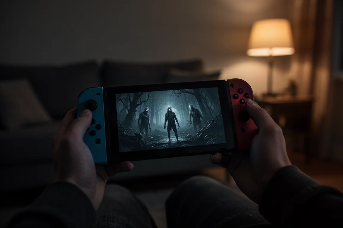 Player holding a handheld console in a dim living room at night