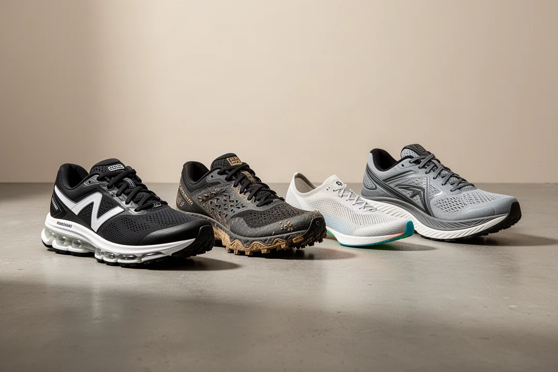 Four running shoes lined up on a concrete surface, from cushioned trainer to ultralight racer