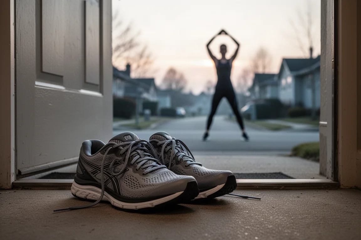 Runner lacing up a pair of cushioned running shoes on a doorstep at dawn
