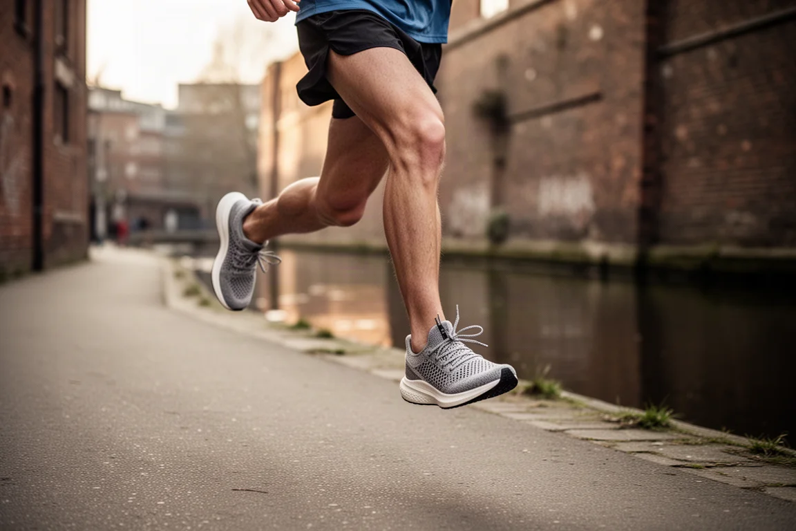 Runner mid-stride on a canal path wearing knit-upper running shoes