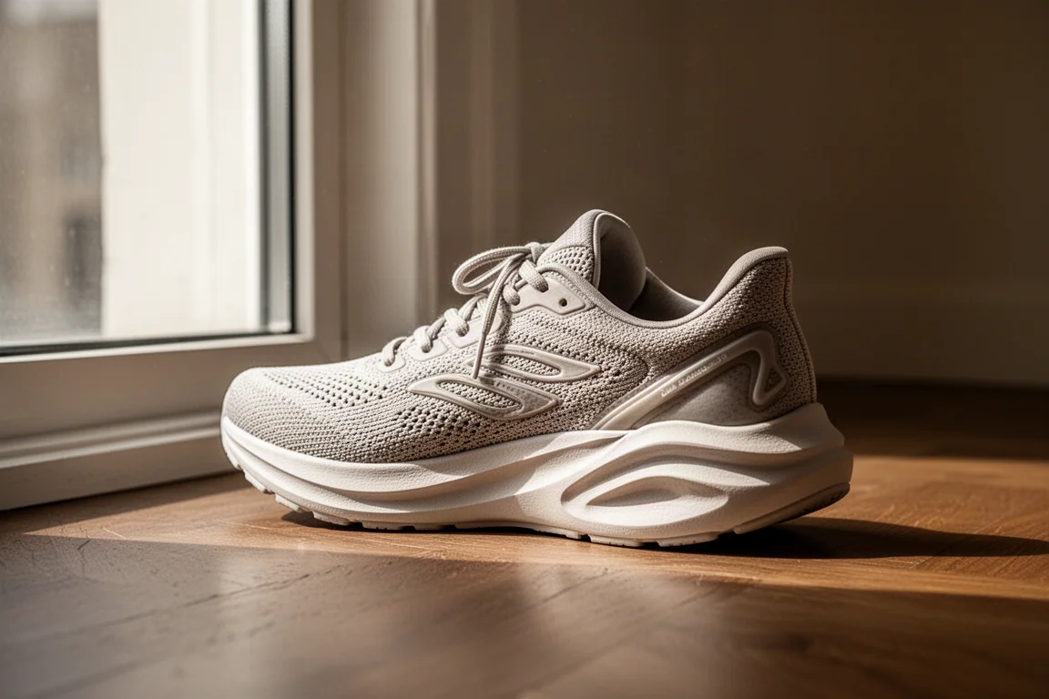 Plush daily running trainer resting on a wooden floor beside a window