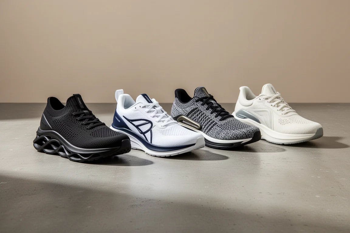 Four running shoes arranged in a row on a concrete surface