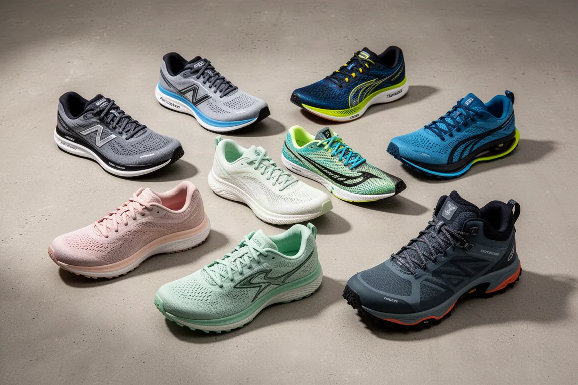 Nine different running shoes arranged on a matte concrete surface