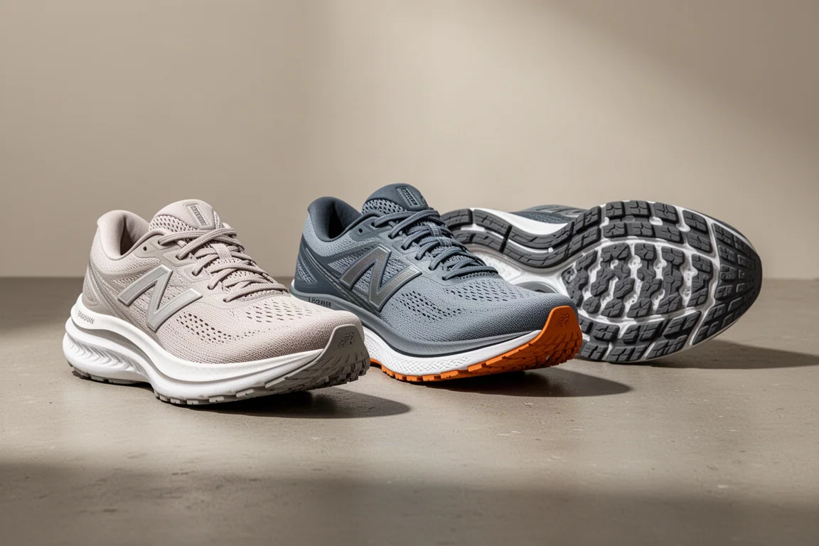 Three running shoes lined up on a concrete surface